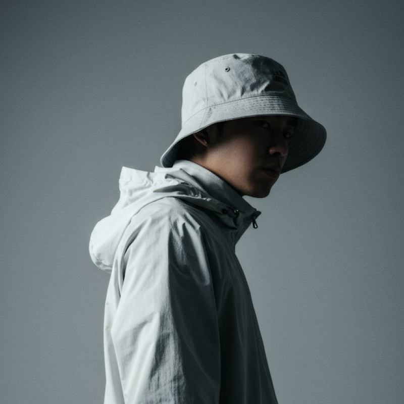 A man in a white jacket and hat.