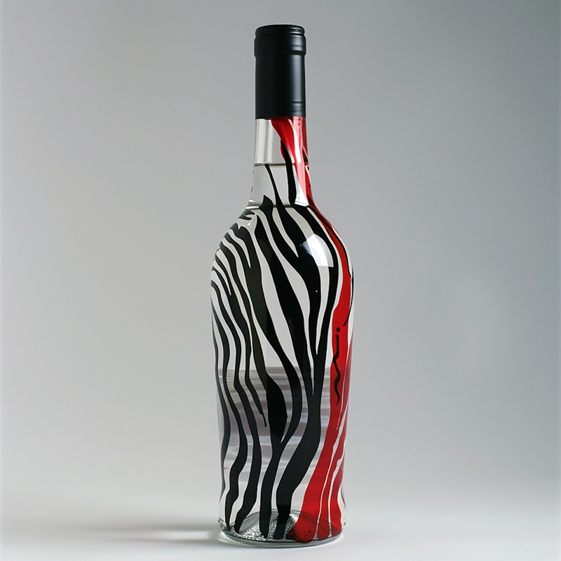 A bottle of wine with a zebra pattern on it.
