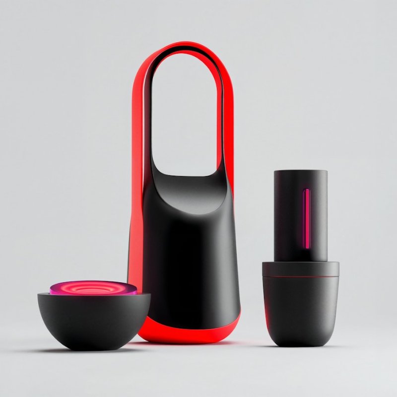 A black and red object is next to a bowl.