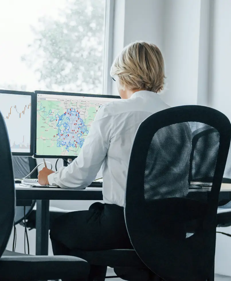 Person with short blonde hair in white shirt working at a desk, viewing two monitors displaying a map with red markers and a chart.