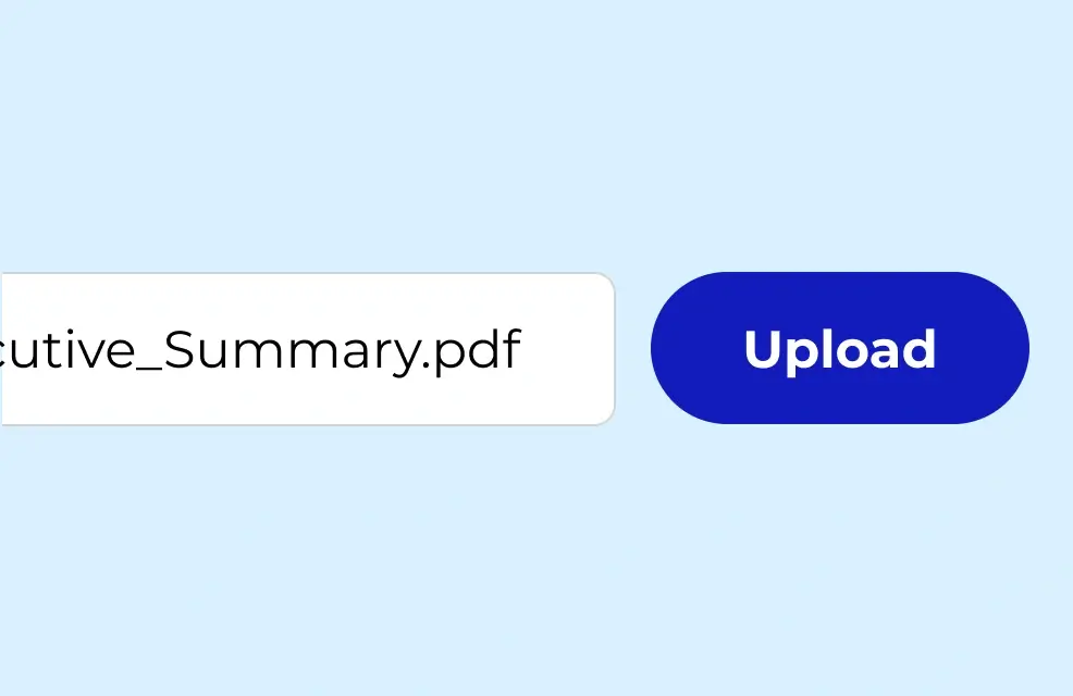 File upload interface showing 'Executive_Summary.pdf' as the selected file with a blue 'Upload' button.