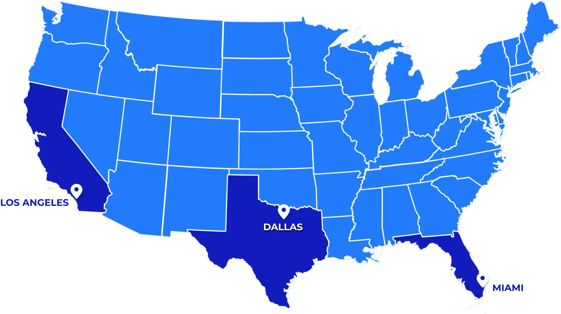 Map of the United States with California, Texas, and Florida highlighted in dark blue and marked with location pins labeled Los Angeles, Dallas, and Miami.