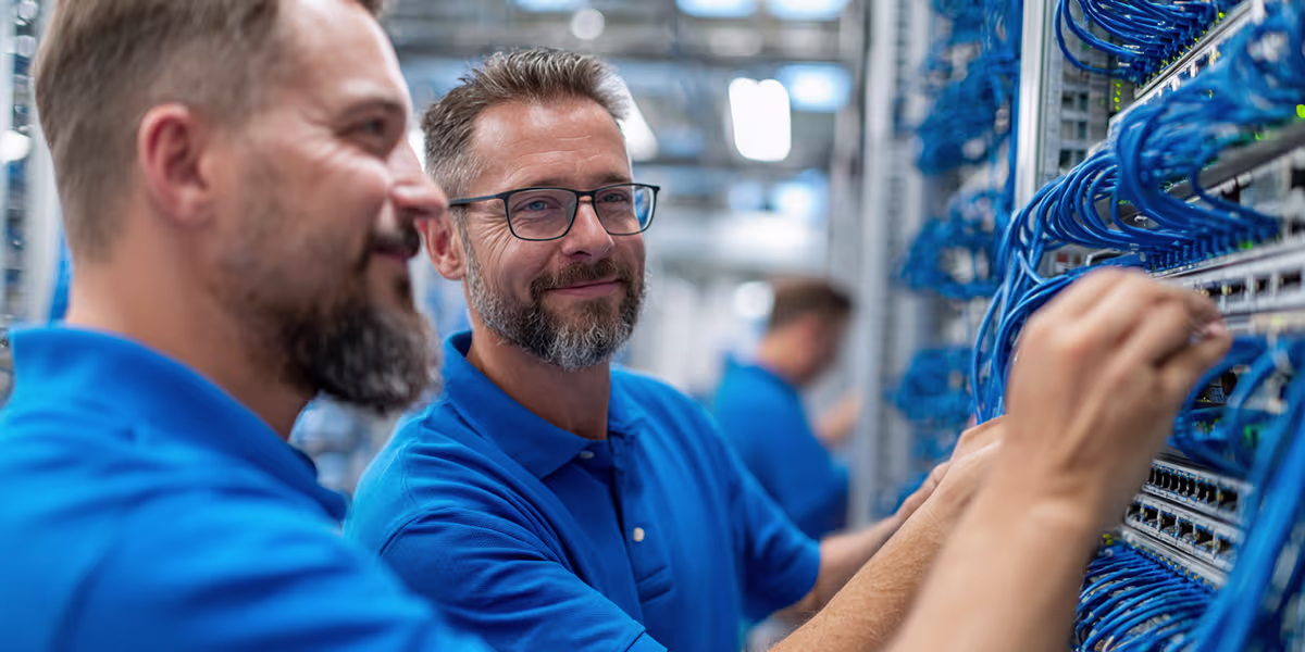 Technician performing business network cabling