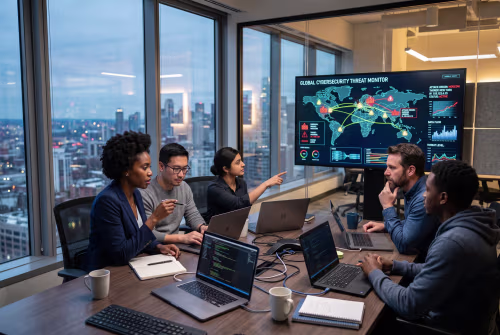 Team reviewing cybersecurity plan