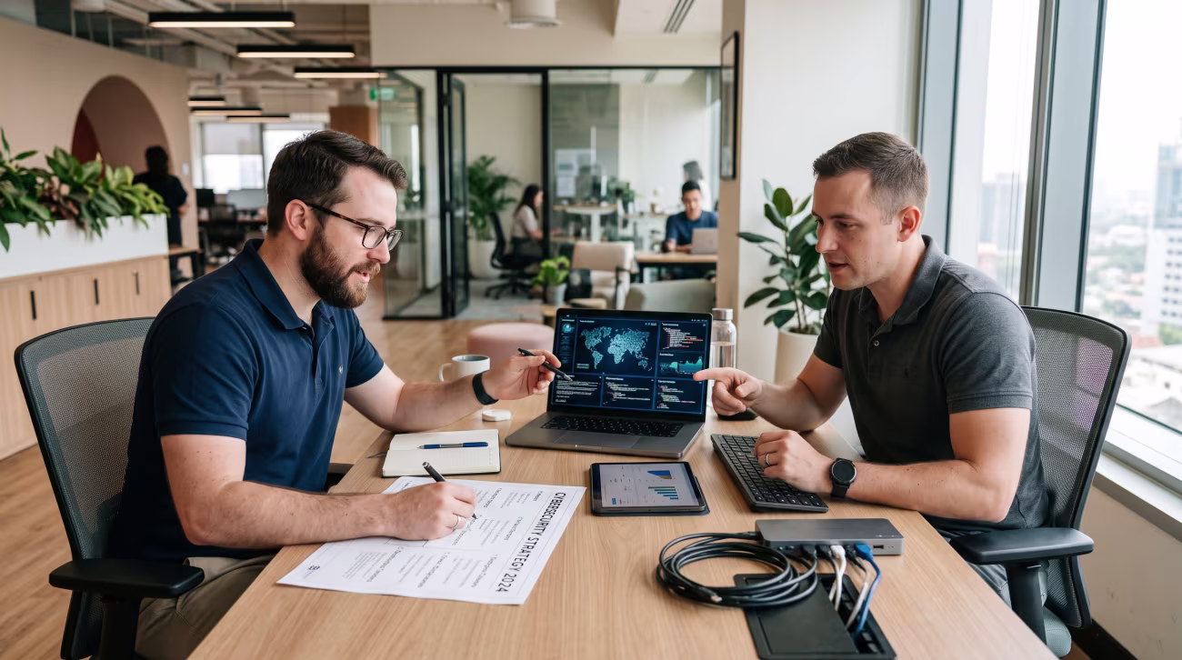 Two men collaborating on cybersecurity plan