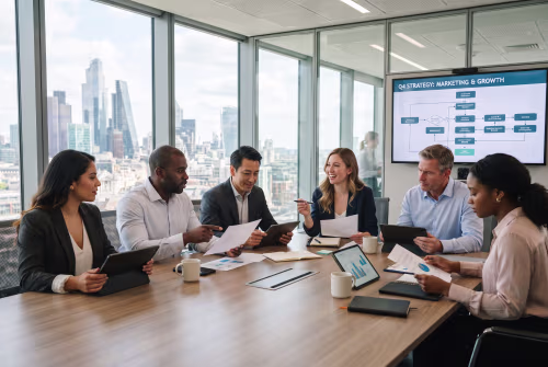 Business team reviewing technology roadmap