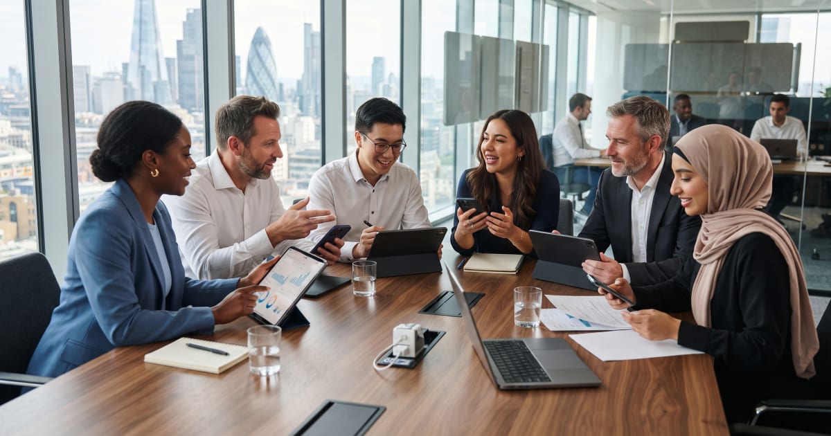 Professionals collaborating on enterprise mobile device management