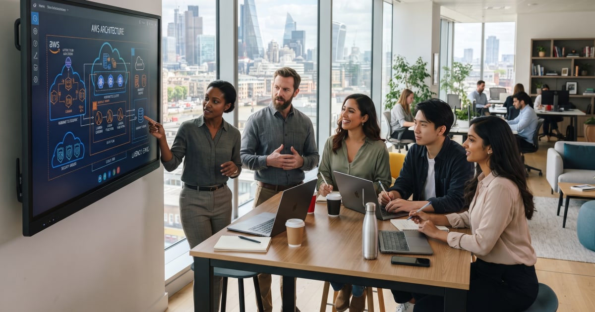 Professionals collaborating on cloud management services