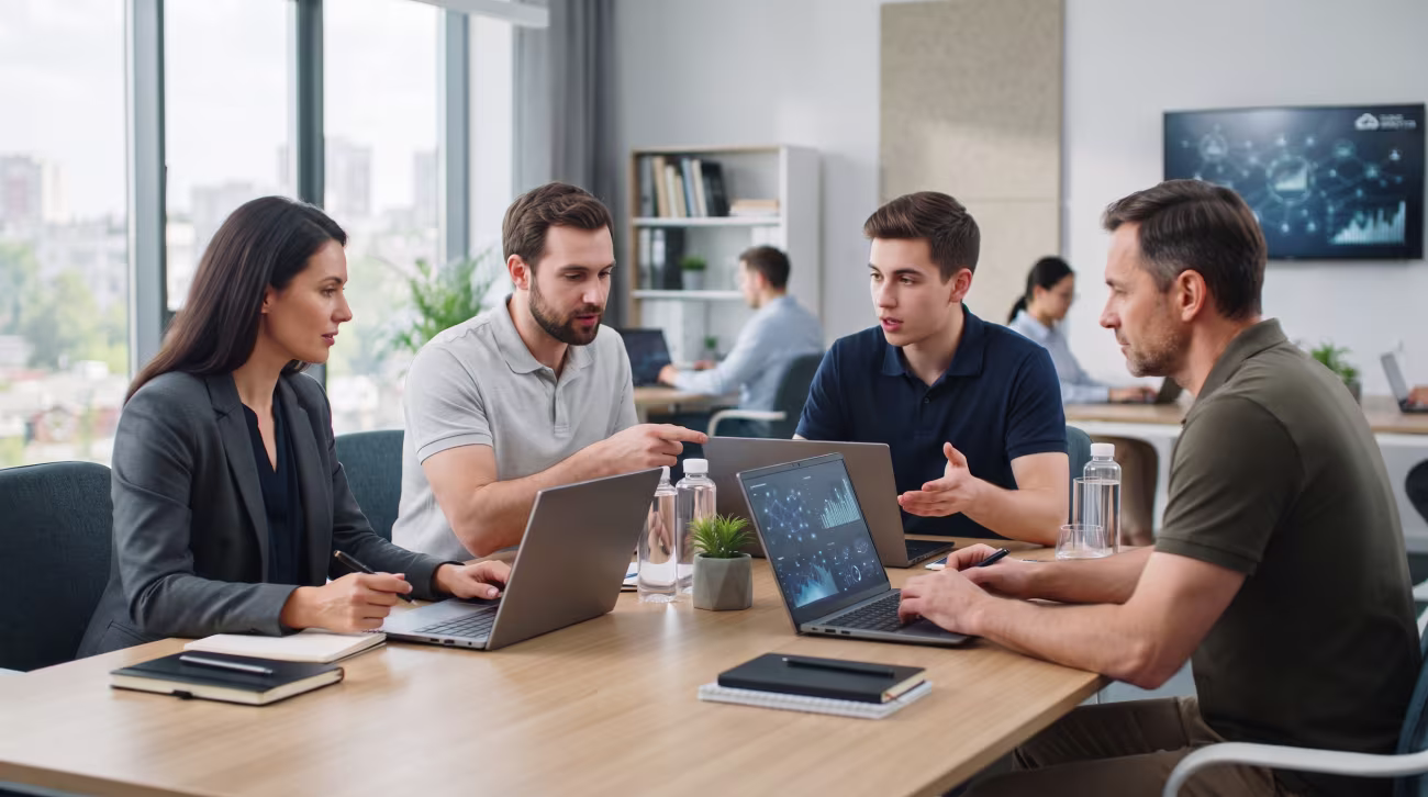 Technical team reviewing cloud management services