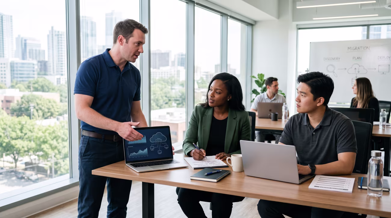 Leadership team comparing managed IT service providers, cybersecurity, and support plans