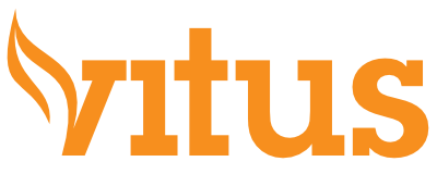 Vitus logo with stylized orange flame design and bold lowercase lettering.