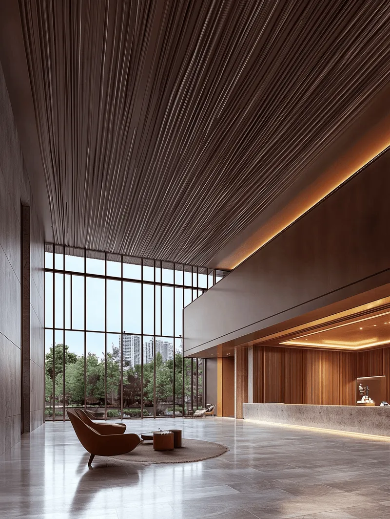 A spacious, modern lobby with floor-to-ceiling windows offering views of greenery and city buildings, featuring a sleek reception desk, sculptural ceiling design, and a cozy seating area with a lounge chair and round rug. Warm lighting and natural materials create an inviting, contemporary atmosphere.