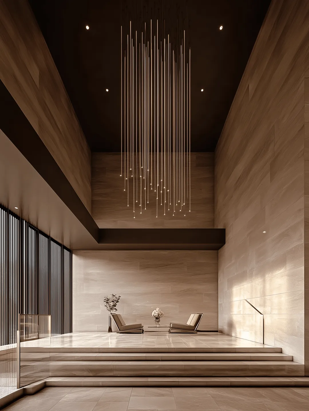 A modern, minimalist interior lounge featuring two low-profile chairs, a central floral arrangement, and a dramatic ceiling light installation composed of long, thin hanging rods. The space is accentuated by warm, beige stone walls, floor-to-ceiling windows with vertical blinds, and soft natural lighting.