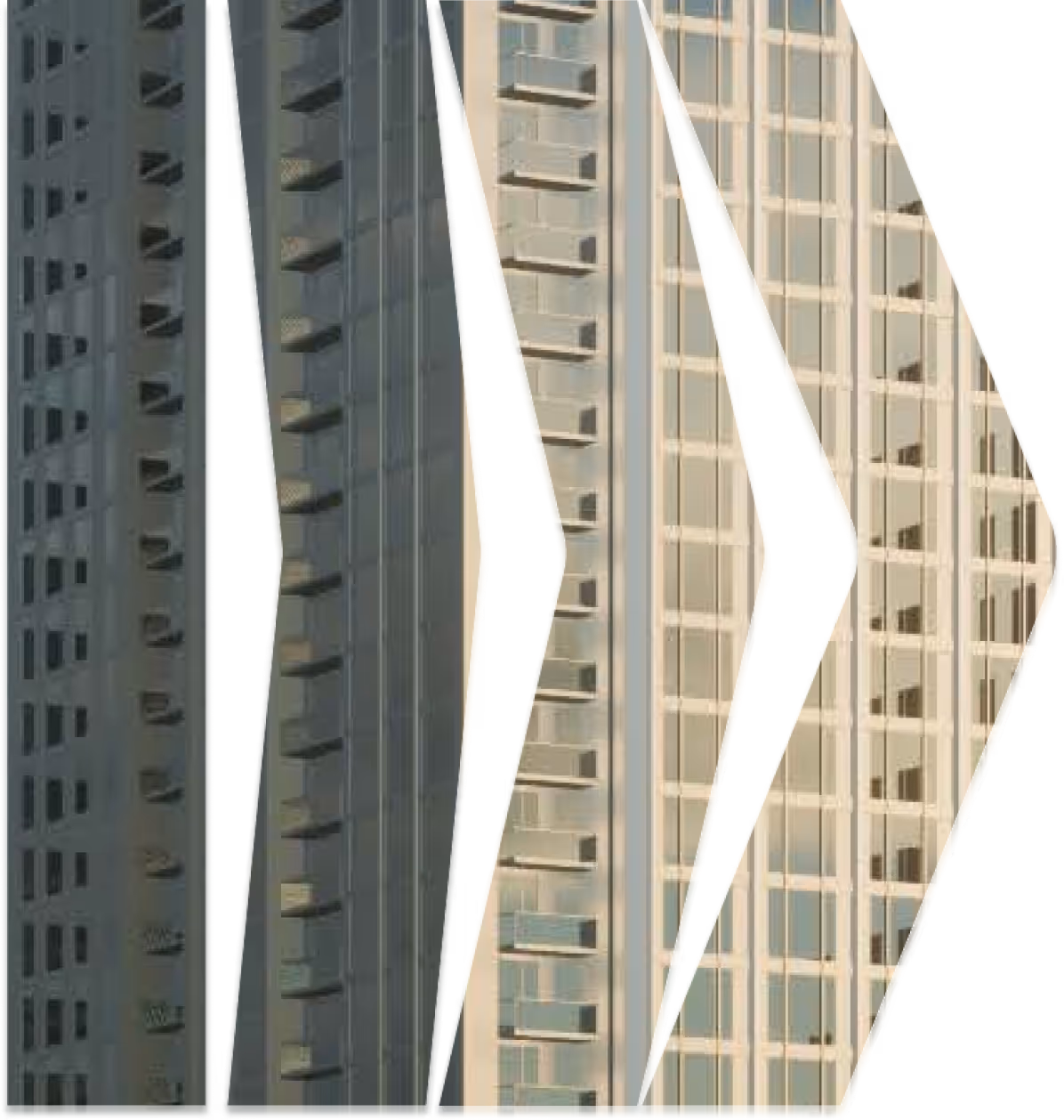 Three arrows pointing to the right and one straight line aligned closely beside each other with the image of the side of a condo used as the background colour.