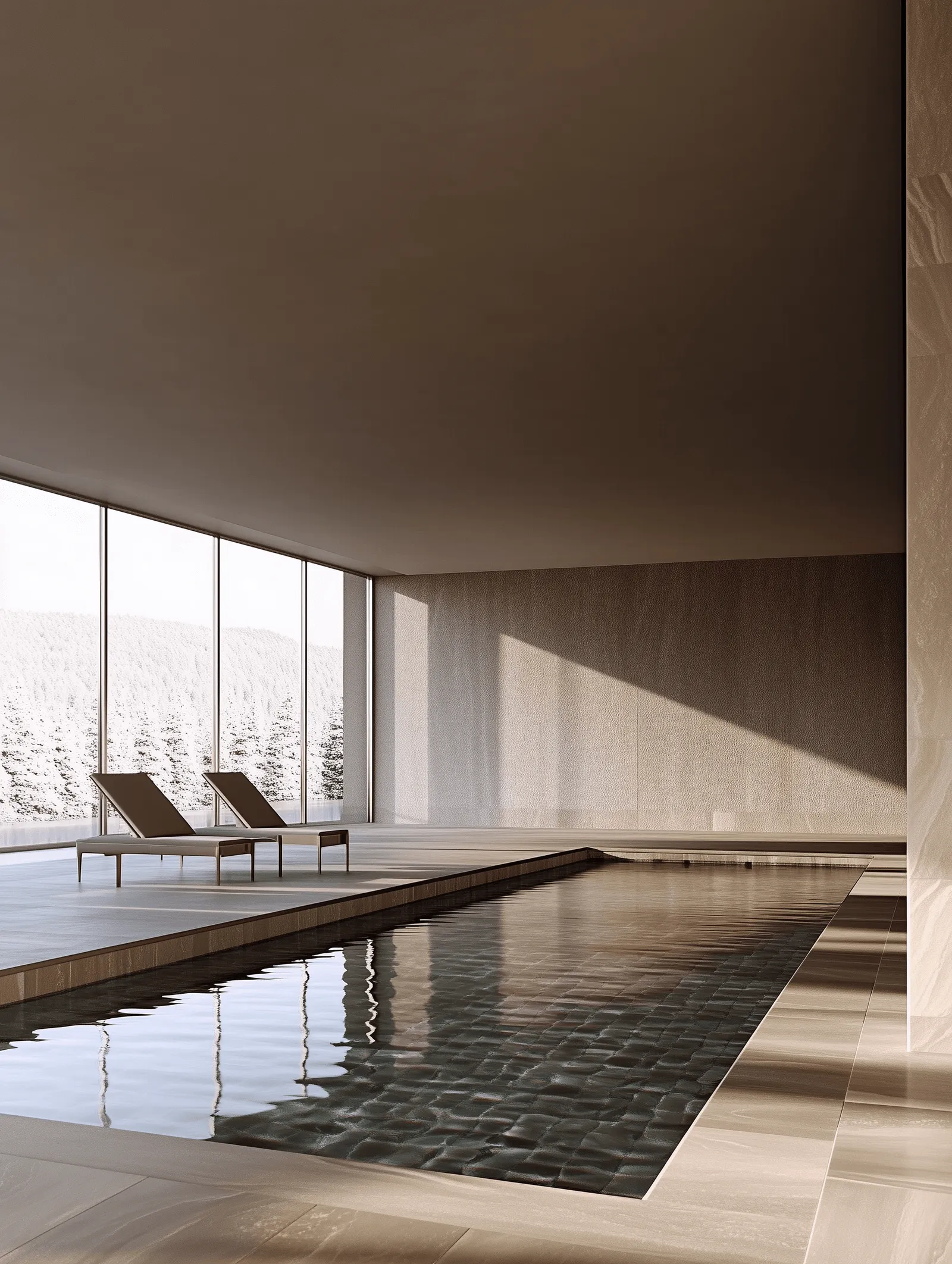 A photo of a condo's pool room with sun beams shining through big glass windows.