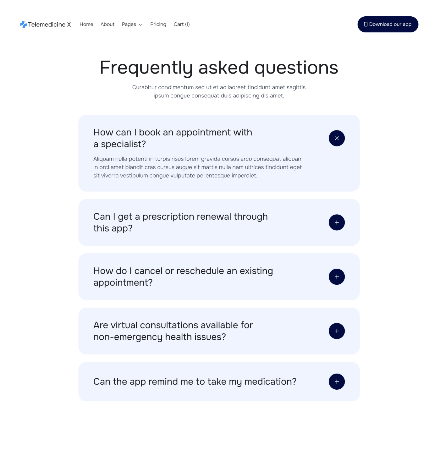 Telemedicine X - FAQS Main Page - Telemedicine Hospital Webflow Template