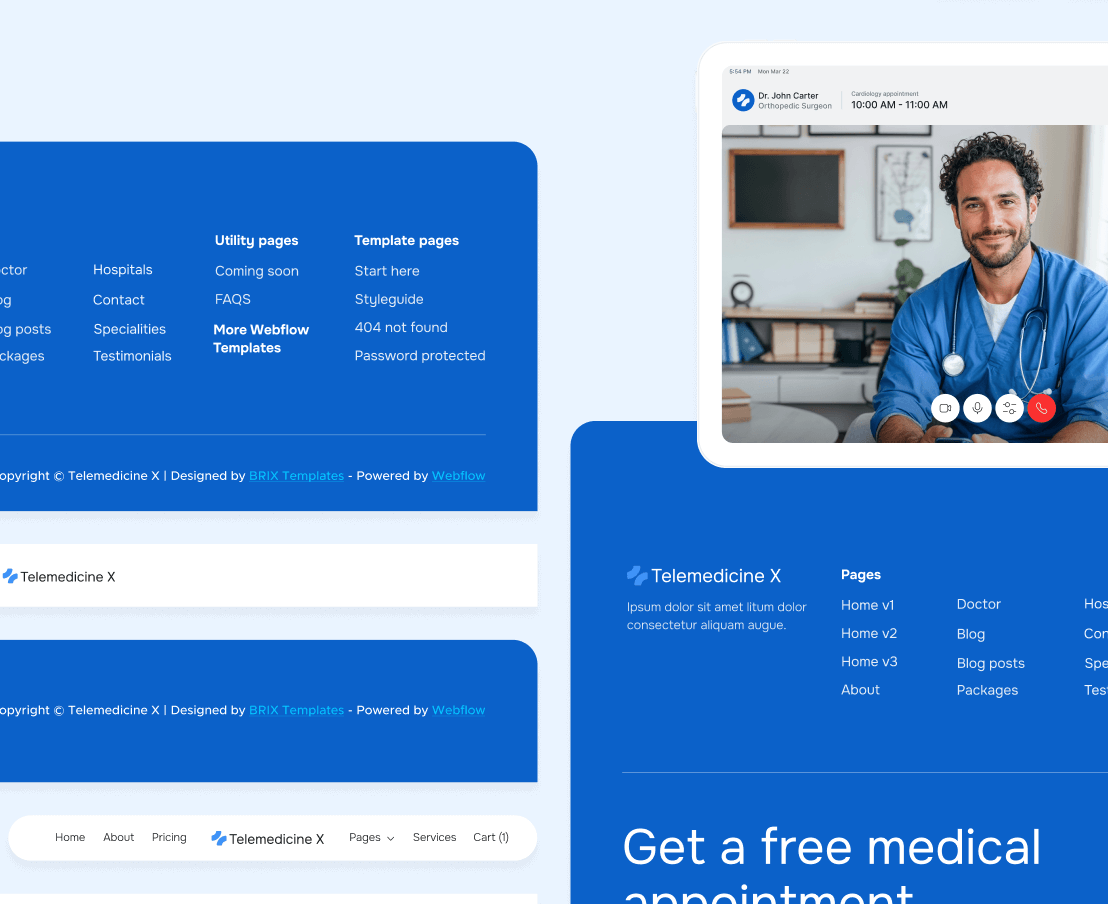 Telemedicine X - 3 Headers And Footers - Telemedicine Hospital Webflow Template