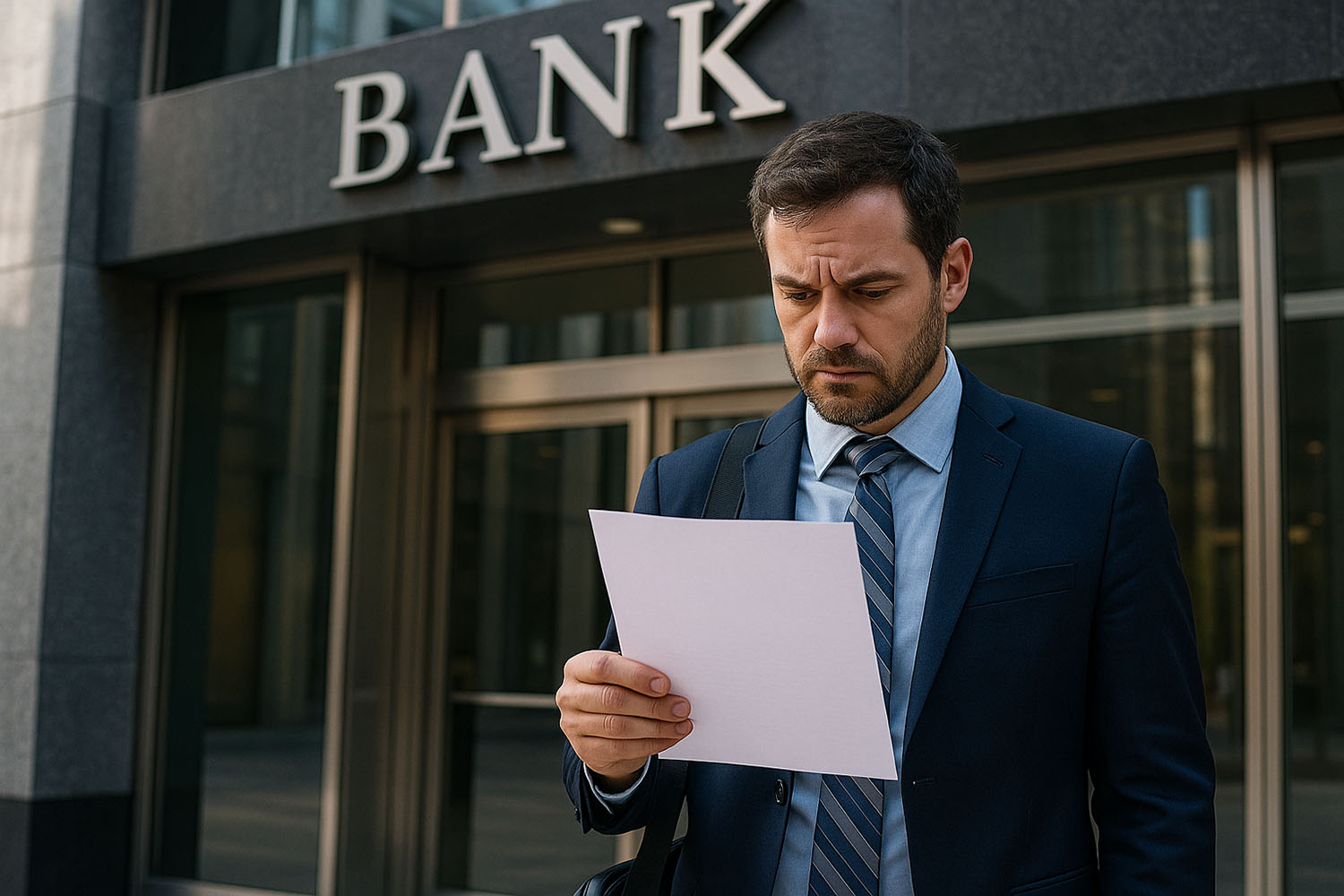 A businessman in a suit stands outside a modern bank building, looking down at a paper, symbolizing financial rejection and frustration.