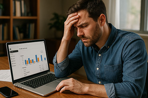 A stressed business owner sits at a wooden desk, holding his head while looking at a confusing Profit and Loss report on his QuickBooks laptop screen.