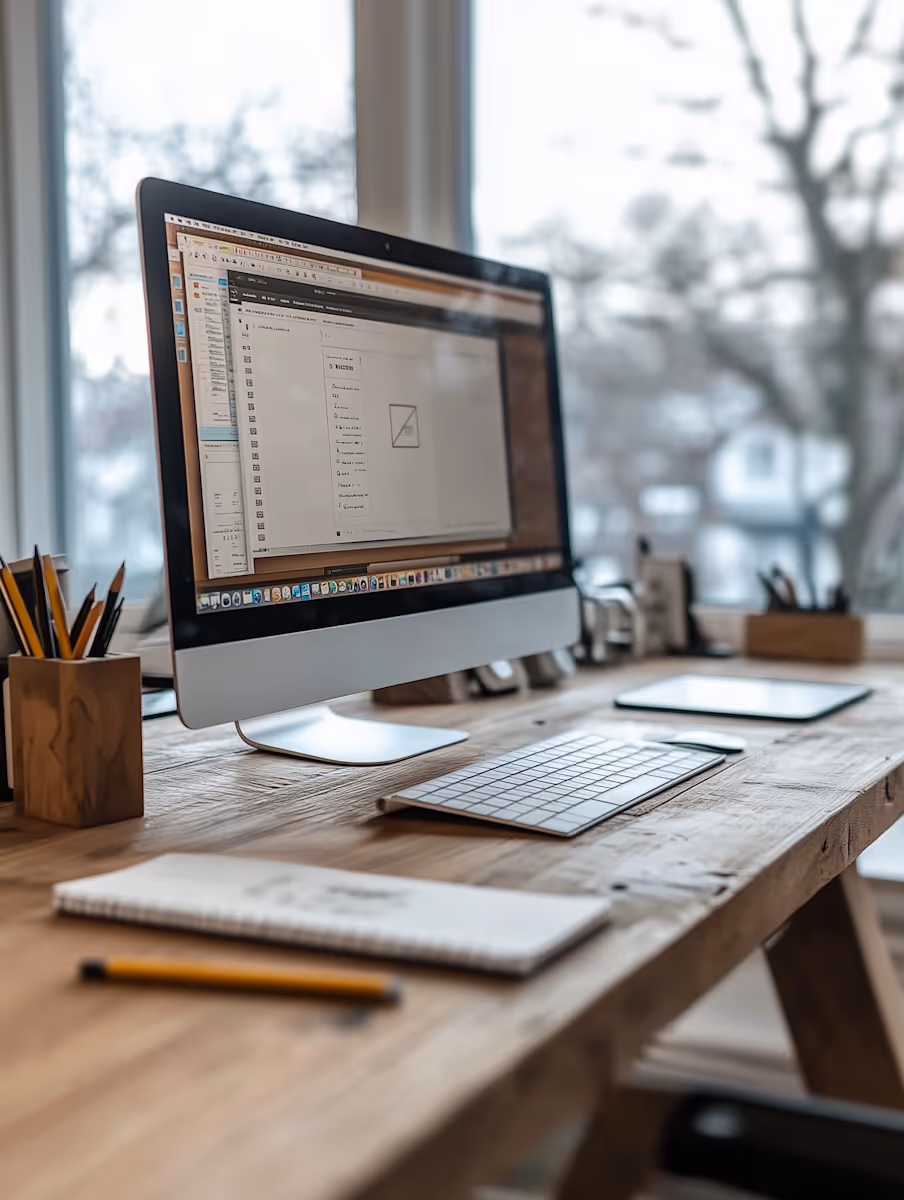 A desk with an iMac computer, a keyboard, and a mouse is shown in a slightly angled shot. The computer screen displays what appears to be a design or editing software with various panels and tools open. To the left of the monitor, there's a wooden pen holder filled with pencils and pens. In the foreground, a spiral-bound notebook and a yellow pencil are visible. The desk itself is made of rustic-looking wood. Through the window in the background, out of focus, trees and what looks like a residential area can be seen under an overcast sky.