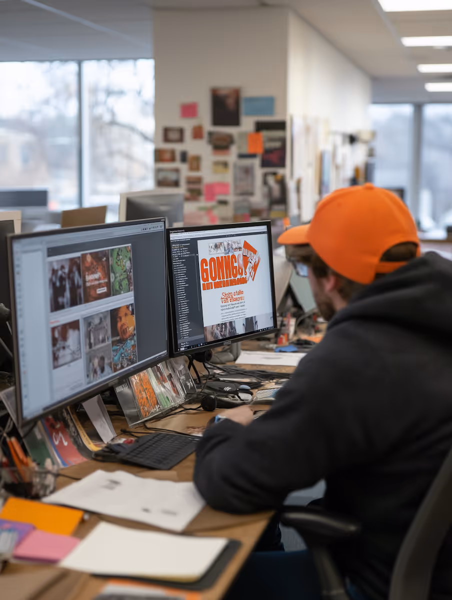 A person wearing an orange baseball cap and a dark hoodie is seated at a desk, looking at two computer monitors in an office environment. The monitor on the right displays a design or layout with a large red title that appears to say "GONNA." The left monitor shows what looks like a gallery of images or designs. The desk has a keyboard, mouse, and various papers and office supplies. In the background, large windows show an outdoor scene with trees, and other desks with items pinned to a wall are visible.