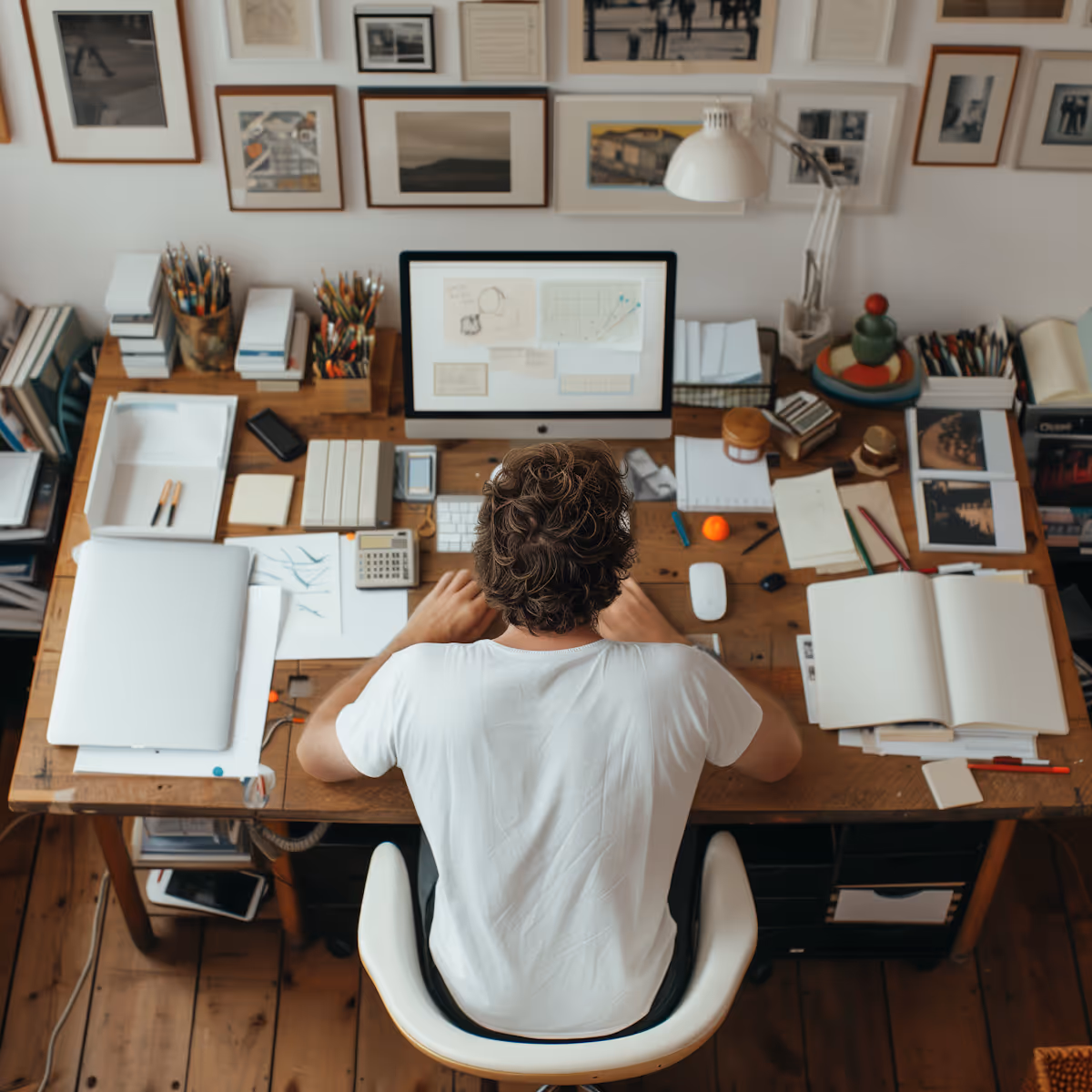 A high-angle shot captures a person with curly brown hair, wearing a white t-shirt, seated at a cluttered wooden desk and working on an Apple iMac. The desk is filled with various items including papers, books, pens, a calculator, a laptop, and a white mouse. The person's back is to the viewer. Behind the desk, a wall is covered with numerous framed pictures and artwork of different sizes. A white desk lamp is also visible on the desk. The floor appears to be wooden.