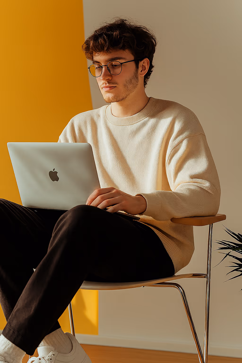 
A young man with curly brown hair and glasses is seated, looking down at a silver laptop on his lap. He is wearing a light-colored, possibly cream or beige, crew-neck sweater and dark pants. The background is split between a bright yellow wall on the left and a light, possibly white or very light gray, wall on the right. There's a hint of a green plant in the lower right corner. The lighting suggests late afternoon or early morning, with warm light illuminating the scene.