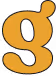 A close-up of a stylized orange lowercase "g" with a black outline and a blurred white border, set against a black background.
