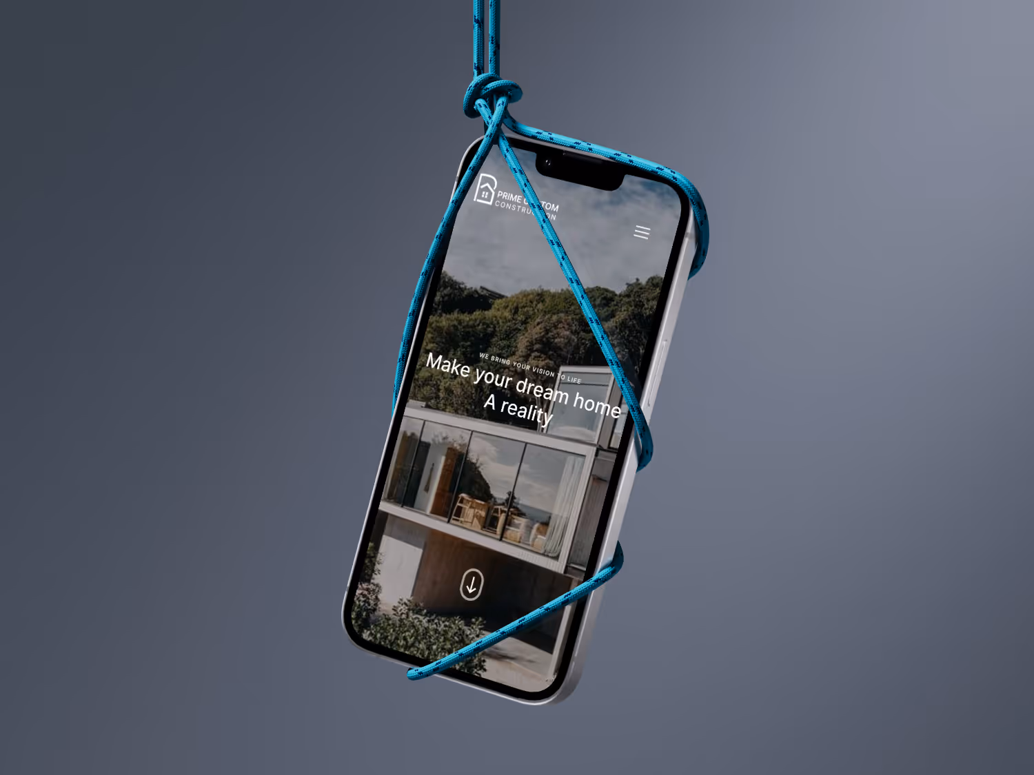 A smartphone, likely an iPhone, is suspended against a solid gray background by a blue and black braided cord, possibly rope, which is wrapped around it. The phone's screen displays a website or app interface featuring an image of a modern house with large windows reflecting greenery. Text on the screen reads "Make your dream home A reality". There's also a logo visible at the top left and a navigation icon at the top right.