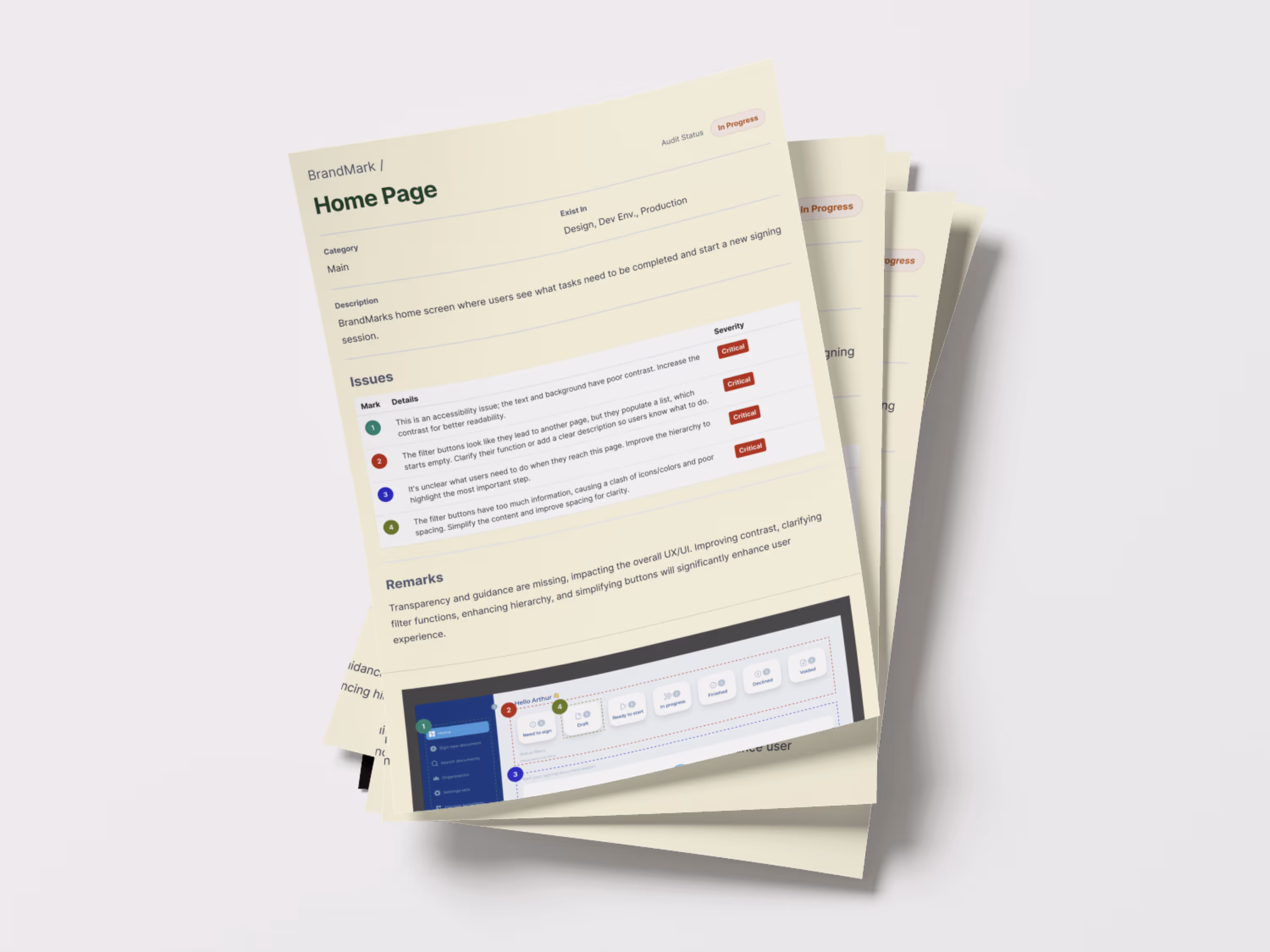 A close-up shot of a stack of printed design audit documents titled "BrandMark / Home Page," with the top sheet partially visible. The document outlines usability and accessibility issues for the home screen, listing four critical issues in a table under the "Issues" section. A "Remarks" section follows, suggesting improvements like "Transperancy and guidance are missing" and "simplifying buttons." A screenshot of a dark-mode interface with navigation tabs is shown at the bottom.