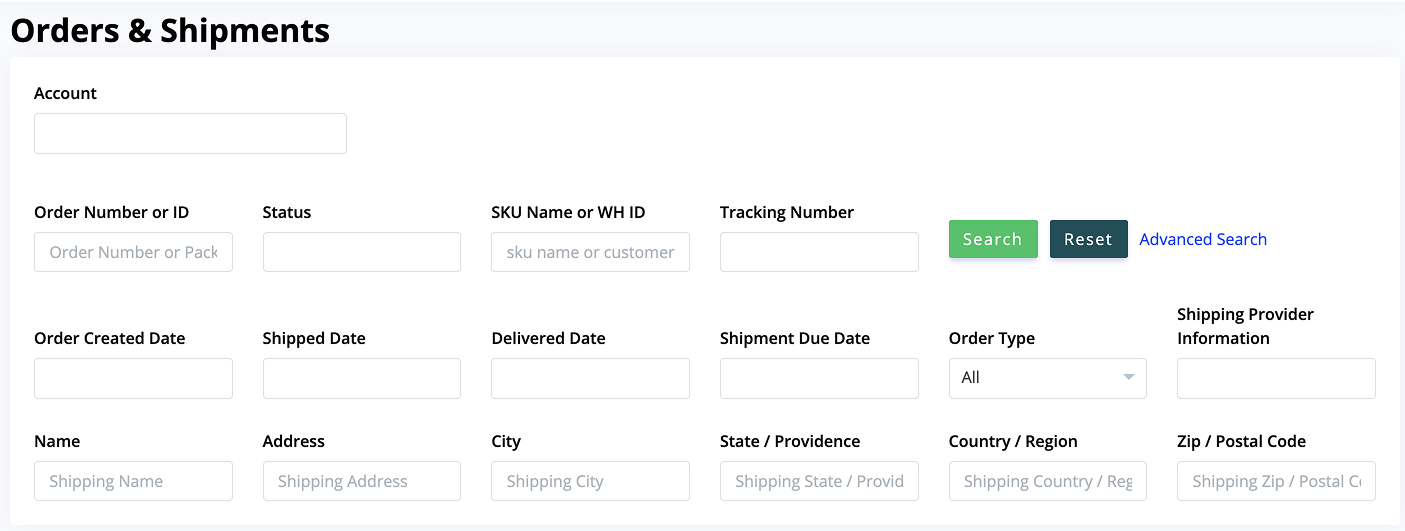 A screenshot of an "Orders & Shipments" interface with various form fields like "ORDER NUMBER OR ID," "DELIVERY ADDRESS," and "ORDER TYPE." Green and blue action buttons are visible on the right.