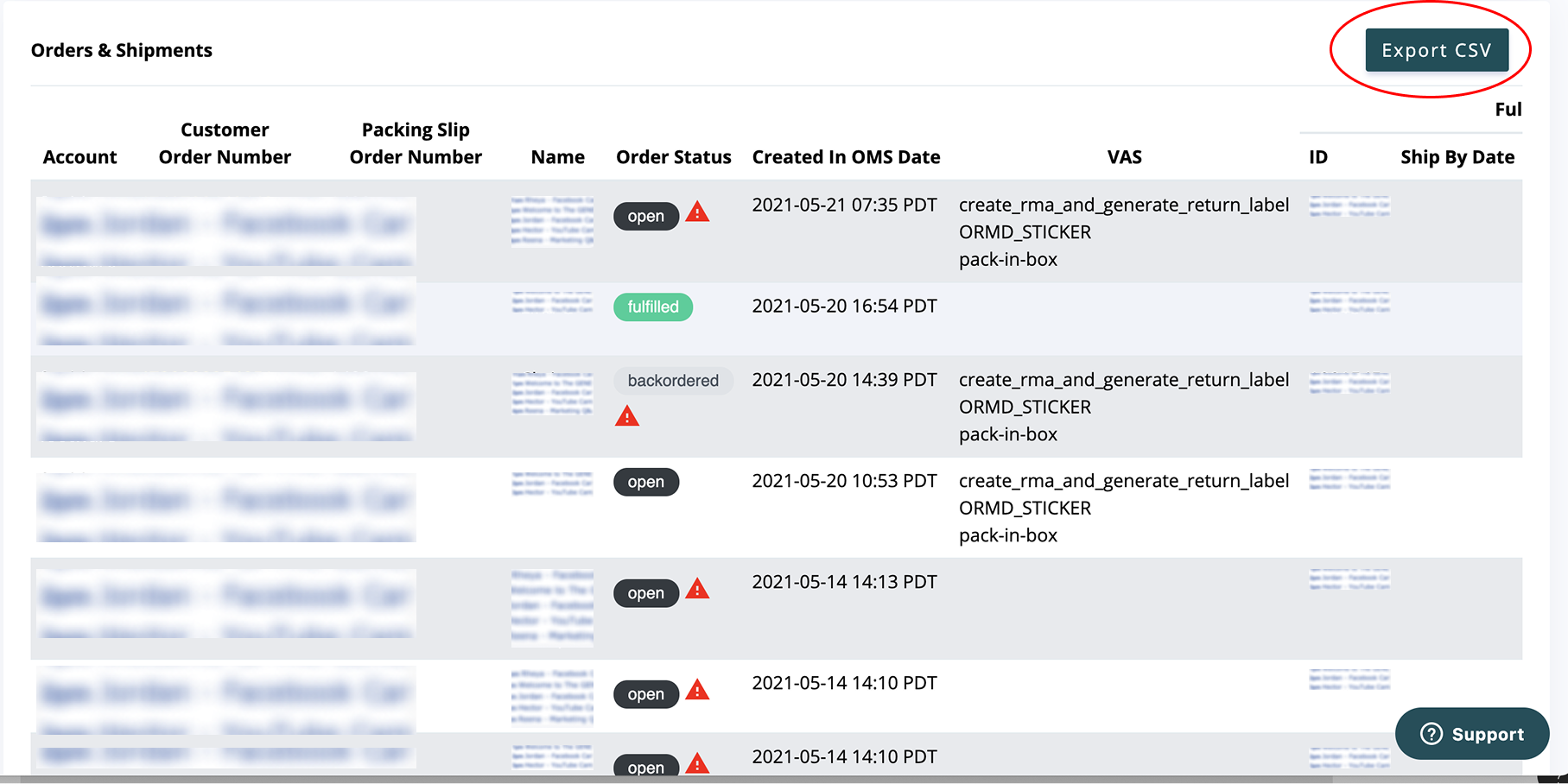 A screenshot of an "Orders & Shipments" table with columns for "SHIPMENT ID," "ORDER NUMBER," "STATUS," and dates. A button labeled "Create Shipment" is circled in red at the top right, and "Upload Orders" is visible at the bottom right.