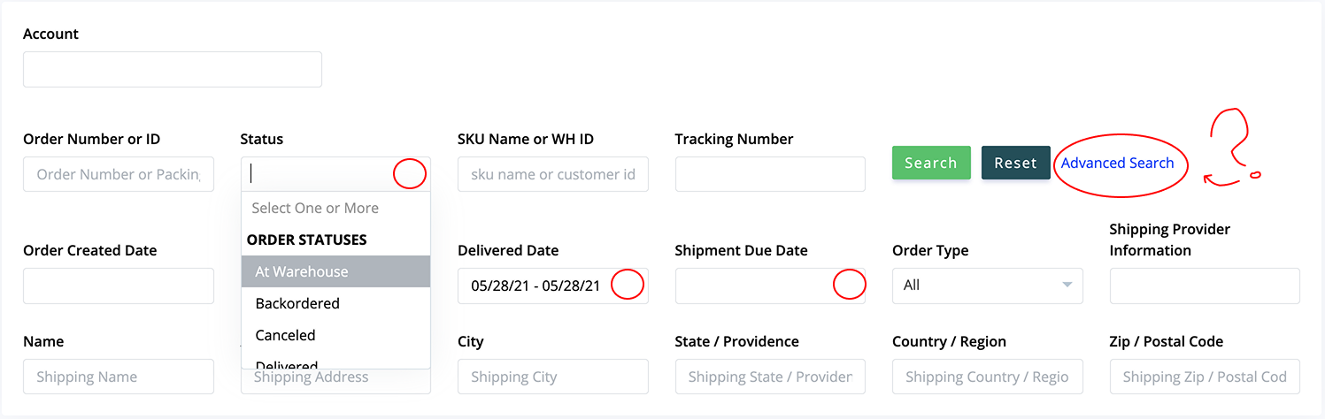 A screenshot of an "Orders & Shipments" form with multiple fields. Red circles highlight specific areas, including dropdowns and an "Upload Orders" button, which is also circled with the number "3".