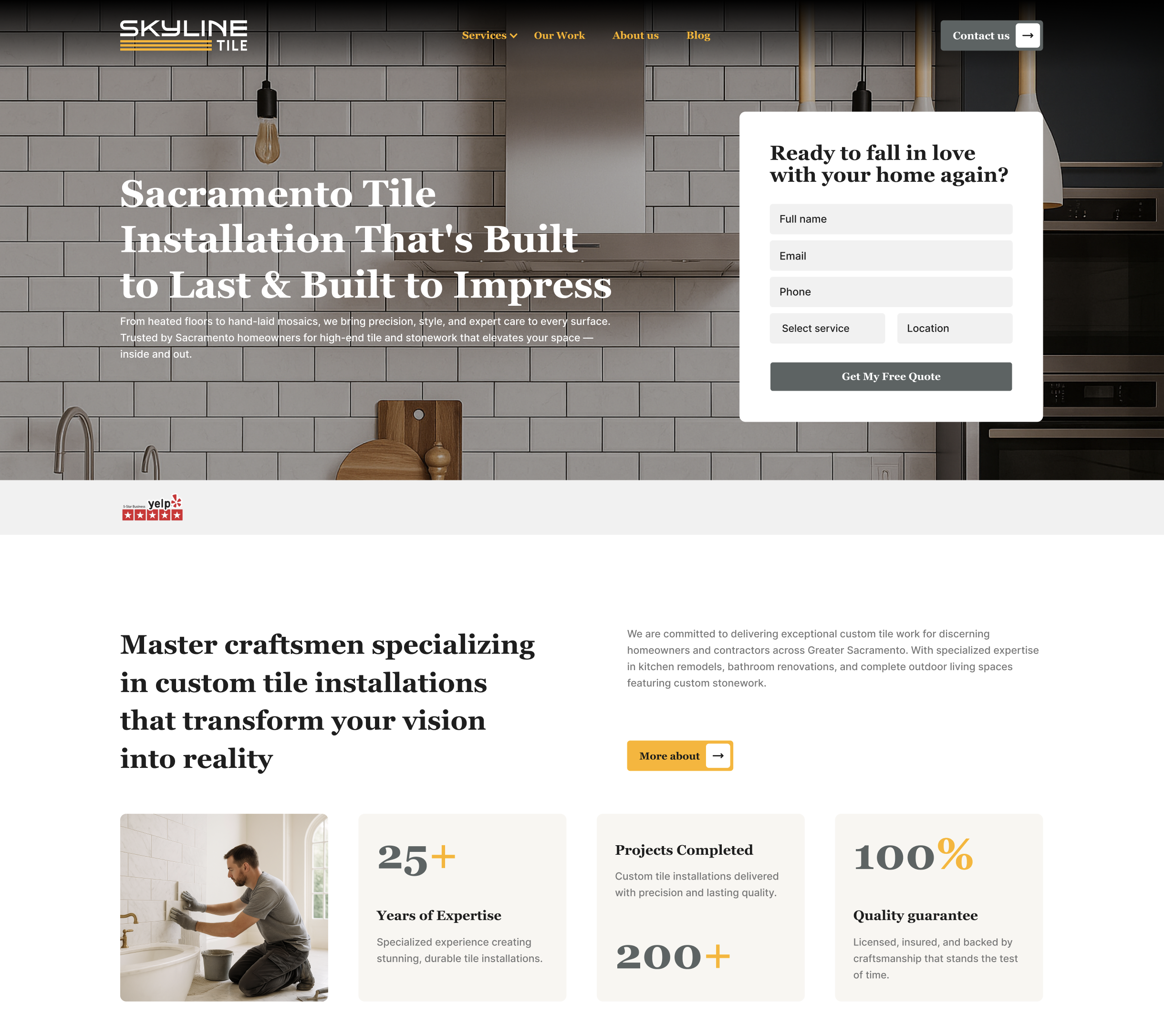 A screenshot of a website homepage for a tile installation company. It features a hero section with "Sacramento Tile Installation That's Built to Last" and a "Ready to Roll" lead form overlay. Further down, sections detail their craftsmanship and metrics.