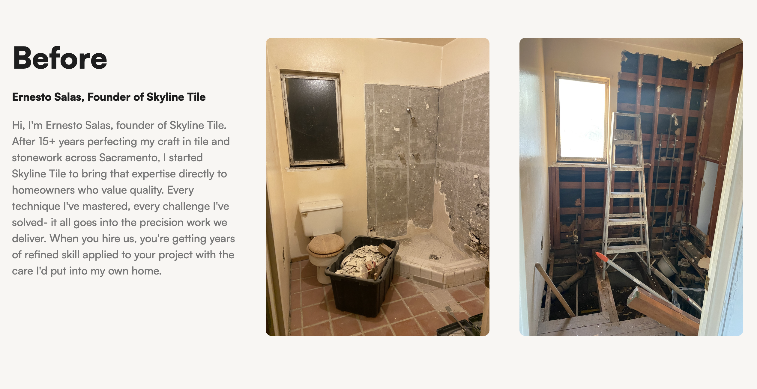 A screenshot of a "Before" section from a website. It shows text describing a home renovation project and two images of a bathroom, likely depicting its state before and during tile installation.