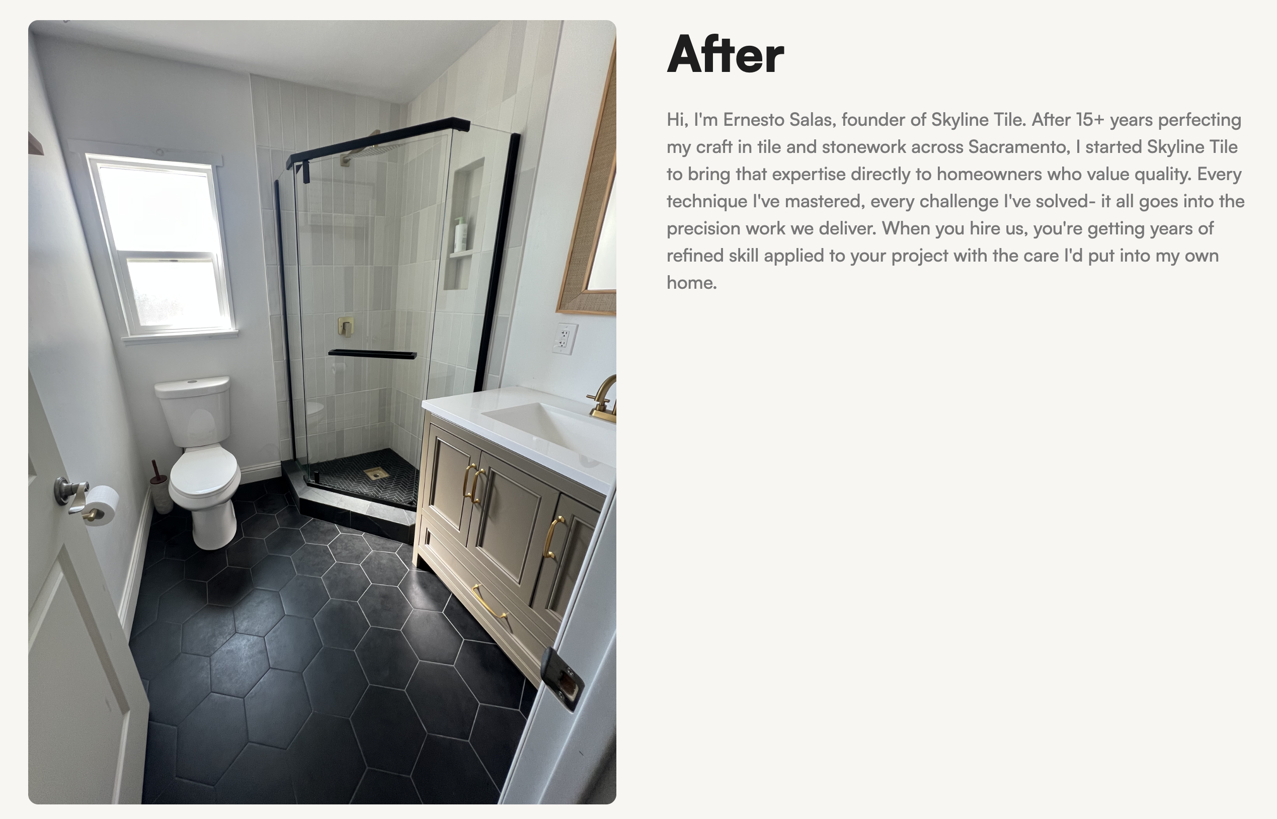 A screenshot of a website's "After" section. It shows a single image of a renovated bathroom with dark flooring, a new vanity, toilet, and glass shower, accompanied by descriptive text.