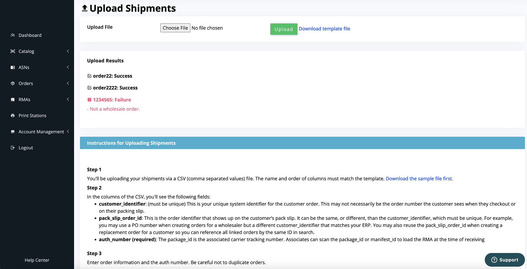 A screenshot of a "Upload Shipments" web page. It has a dark sidebar menu, main content area with form fields like "SHIPMENT ID", and a blue banner. Text includes instructions and a "DELETE" button at the bottom right.