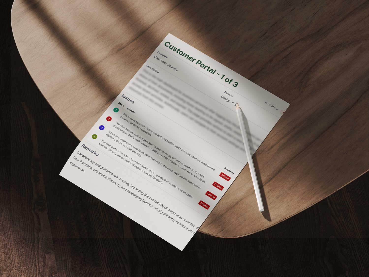 A piece of white paper, titled "Customer Portal - 1 of 3", lies diagonally on a wooden table. The document appears to be a design review, highlighting "Critical" issues with a white pencil resting on it.