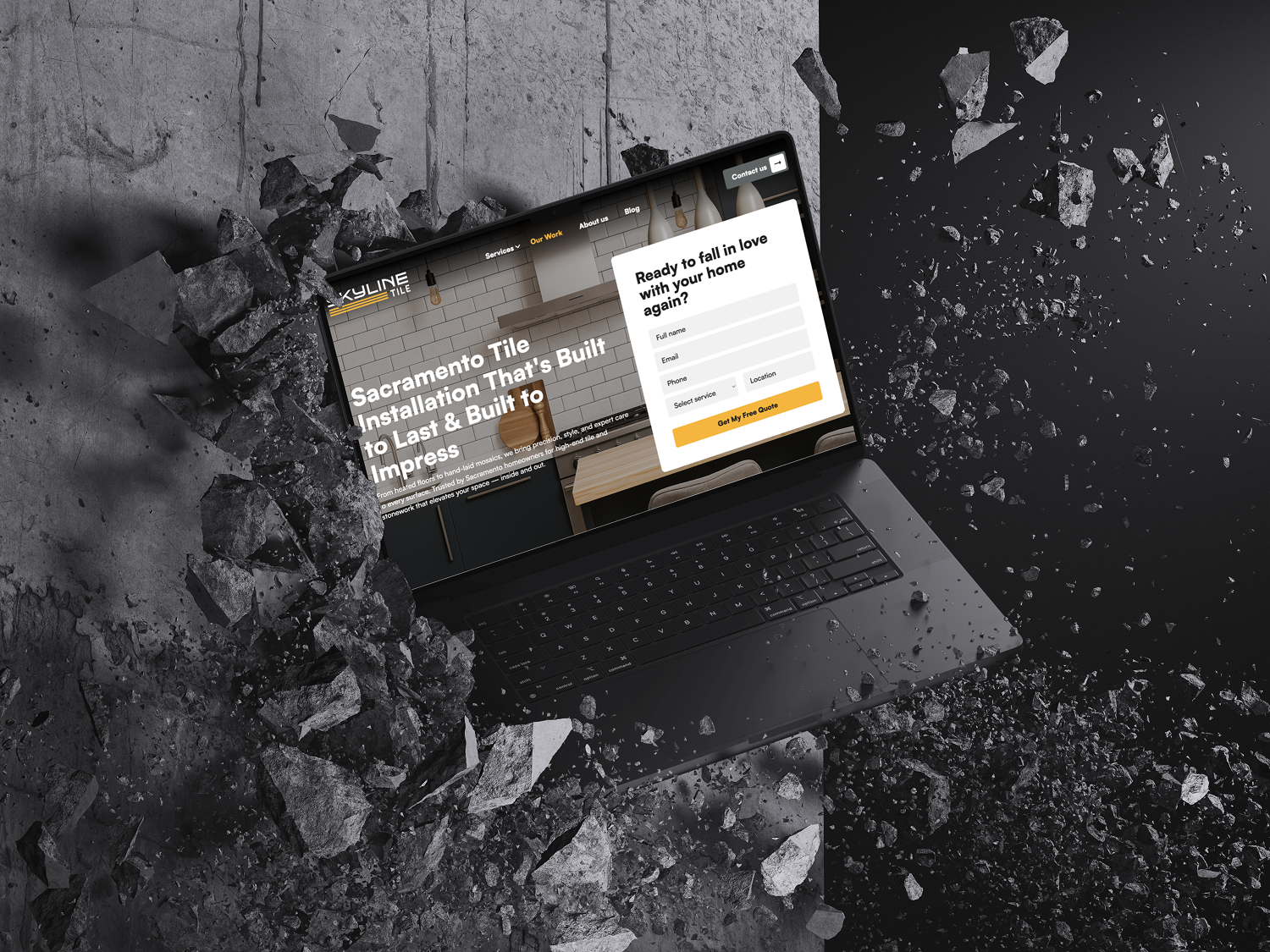 A black laptop lies amidst rubble and debris, with its screen displaying a website that has an orange pop-up for "Request a demo." The scene suggests destruction or a broken environment.