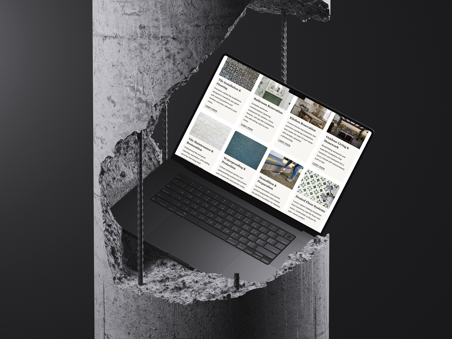 A black laptop is wedged into a broken concrete column, with its screen displaying a grid of images and text, suggesting a creative or architectural design interface. The background is dark and abstract.