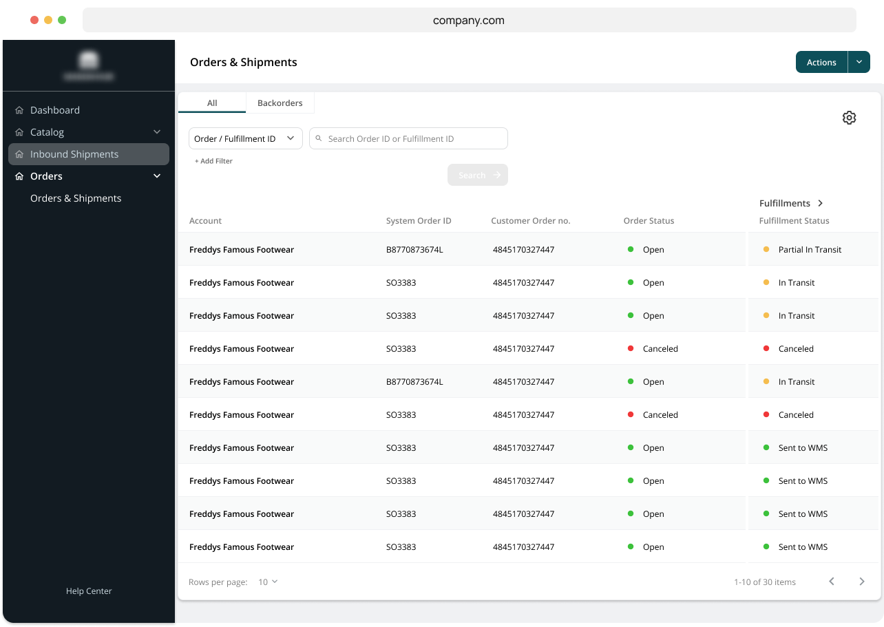 A screenshot of a dashboard titled "Orders & Shipments" with a dark sidebar. The main area displays a table of data including "Order Number," "Status," and dates, with filters and a search bar above.
