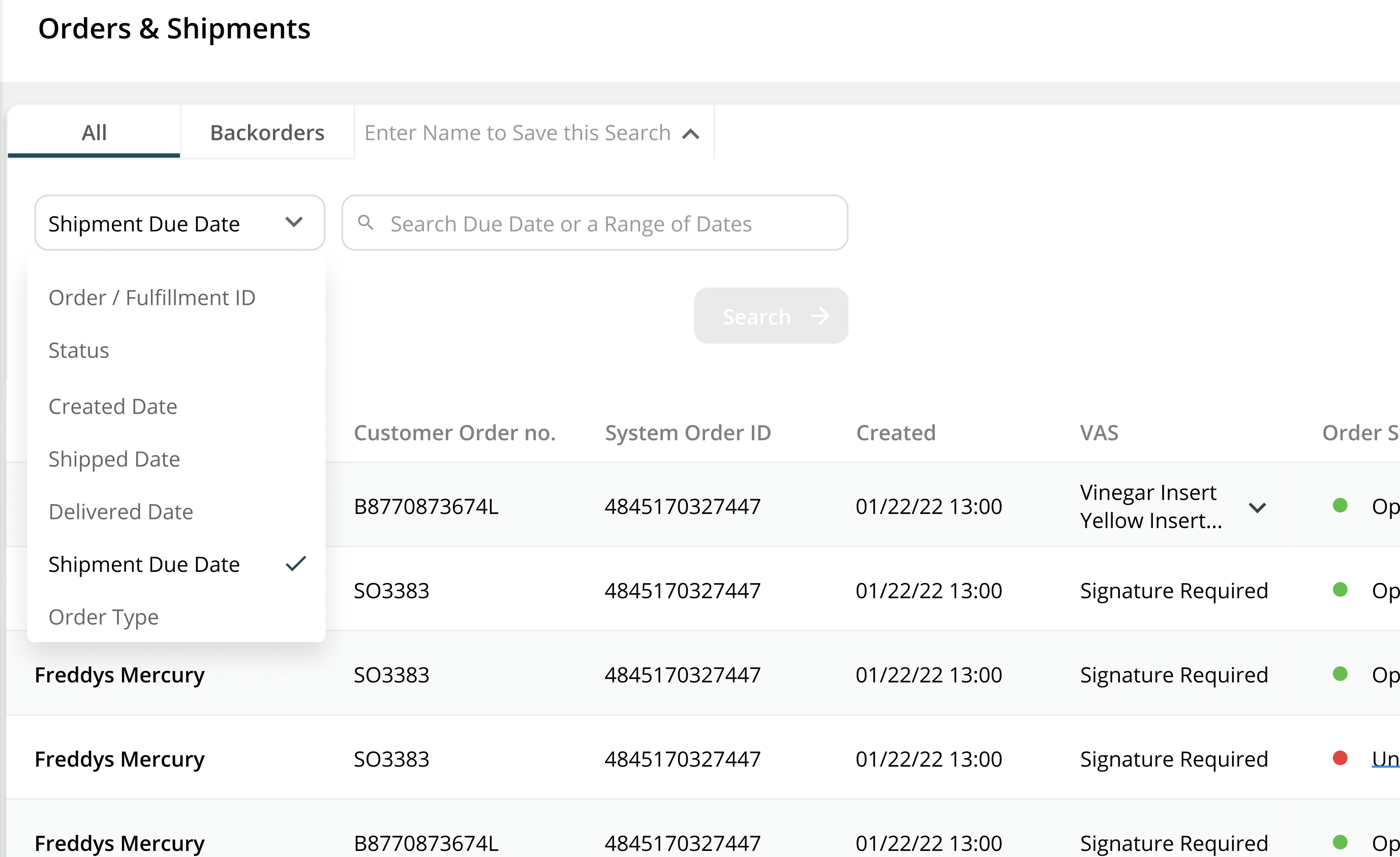 A screenshot of an "Orders & Shipments" interface with a dropdown filter menu open on the left. The table displays "Customer Order ID," "Shipment Order ID," and other columns.