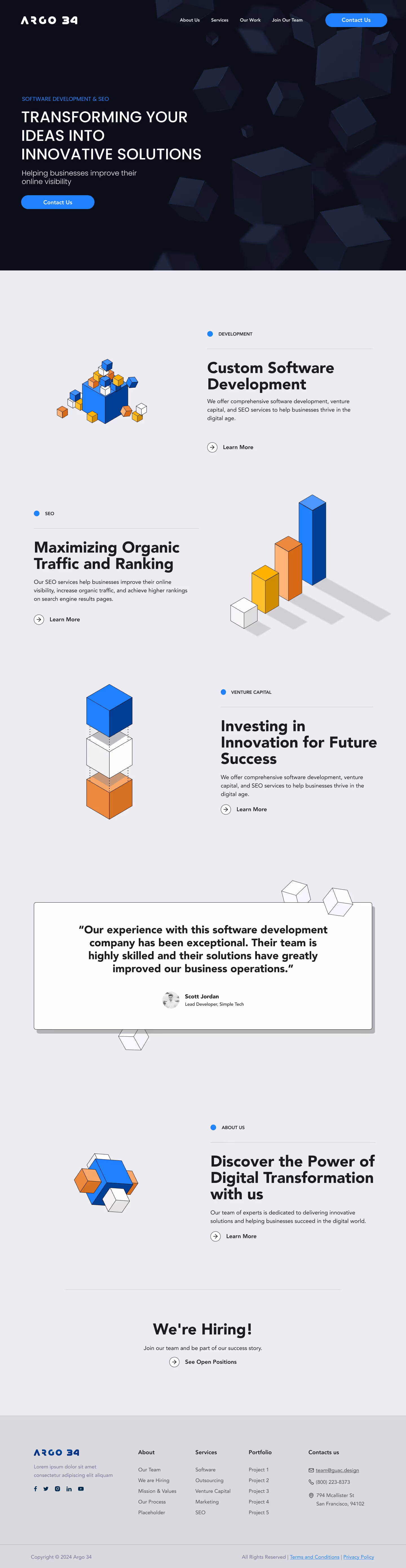 A full-page screenshot of the "ARGO 34" website with a dark blue and light gray color scheme. It features sections on "Innovative Solutions," "Custom Software Development," "Maximizing Organic Traffic," "Investing in Innovation," and client testimonials.