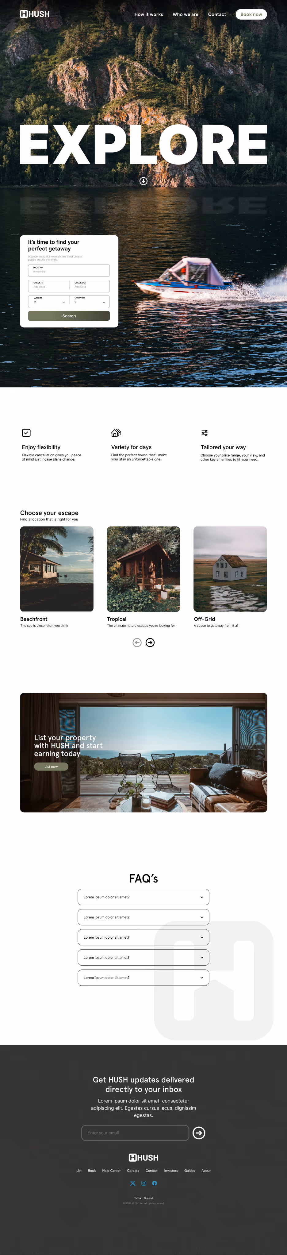 A full-page screenshot of the HHUSH website with a dark header and large "EXPLORE" text over a water scene with a boat. It includes sections for booking, property types with images, testimonials, FAQs, and a dark footer.