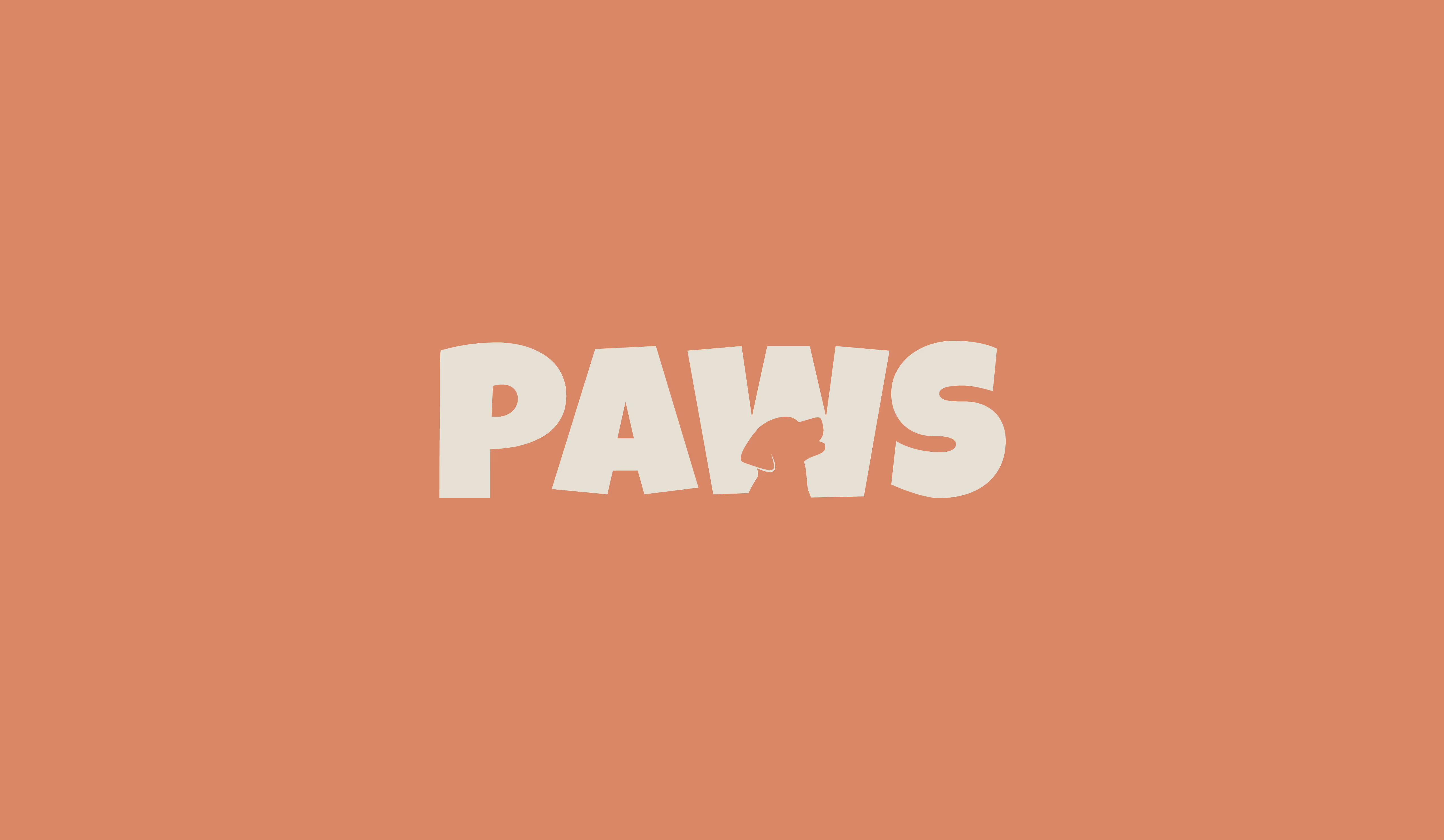 The word "PAWS" in a cream-colored, bold sans-serif font is centered on a muted peach or terracotta background. A stylized paw print replaces the "W".