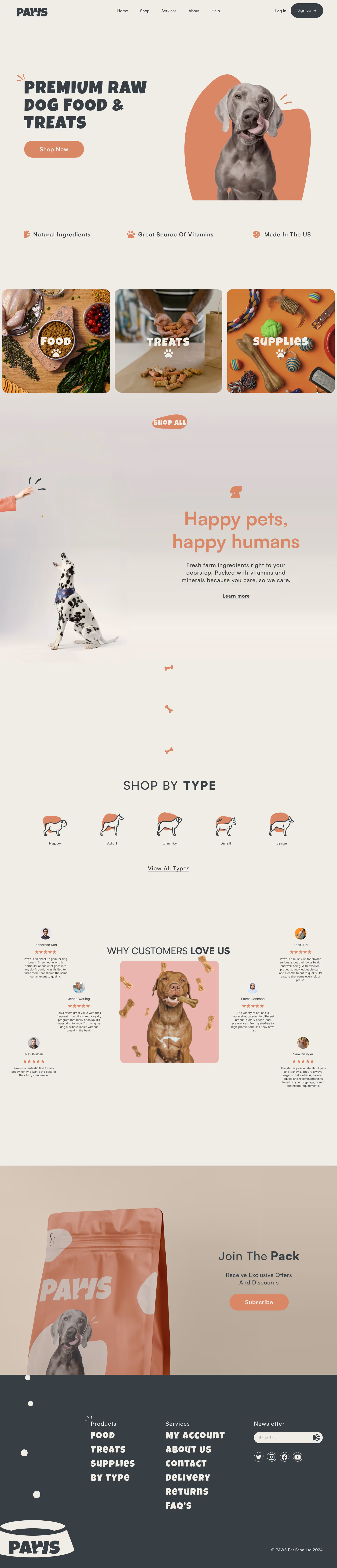 A full-page screenshot of the "PAWS" dog food website, featuring a "PREMIUM RAW DOG FOOD & TREAT" hero section with a dog illustration. It showcases product images, a dog jumping for a treat, "Shop By Type" categories, customer testimonials, and a sign up.