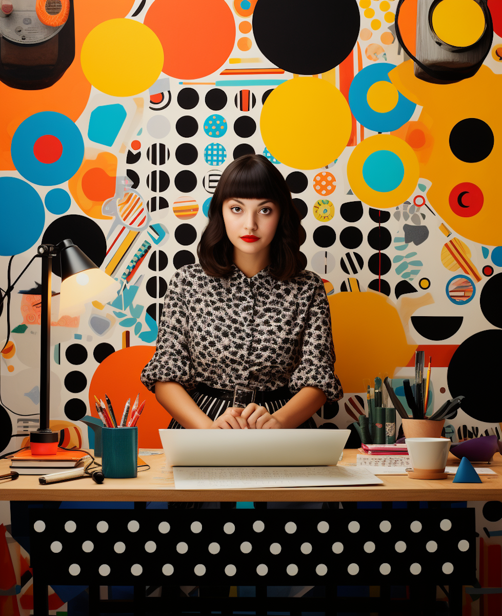 A woman with a bob haircut and dark bangs, wearing a patterned blouse, sits at a desk in front of a colorful, abstract wall with circles and dots. She is looking directly at the camera, with a white laptop open before her.