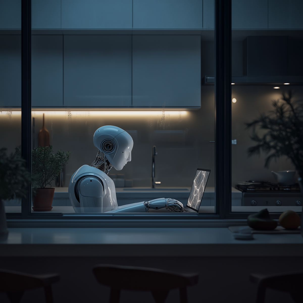 A futuristic white robot with glowing eyes is seated at a kitchen counter, using a laptop. The scene is viewed through a window, with warm under-cabinet lighting.