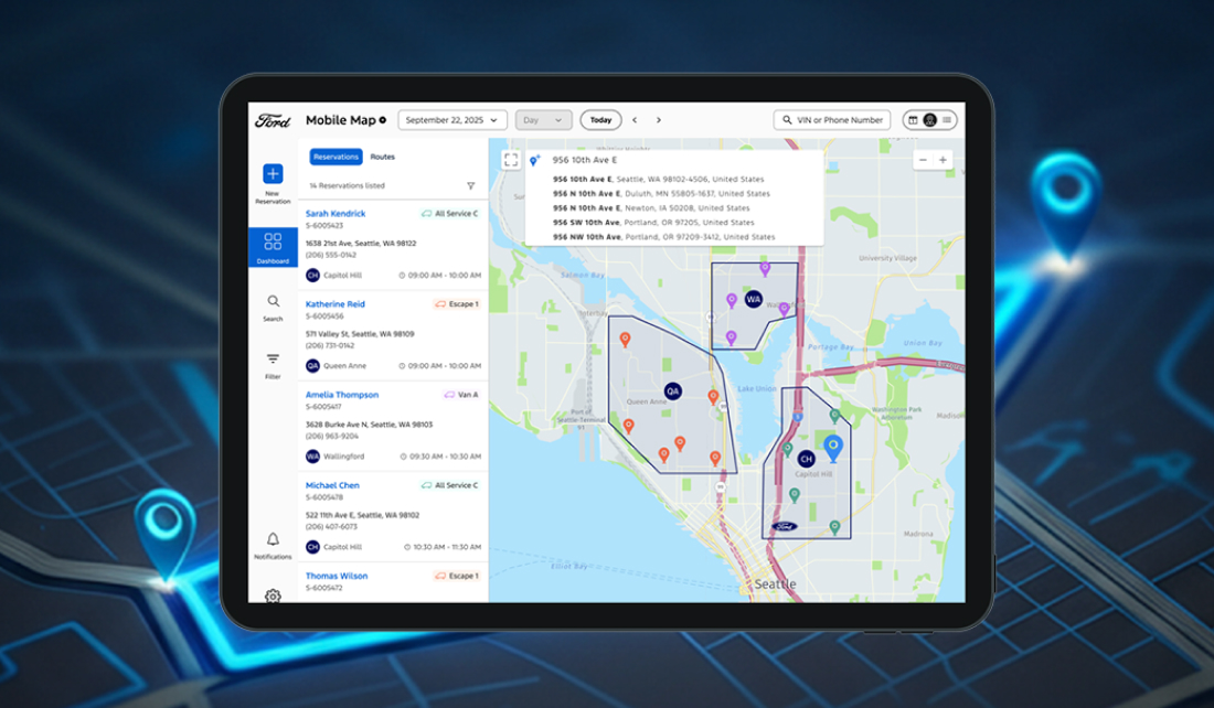 Ford GeoFence product displayed on an iPad that's against a dark blue map with 3d pins.