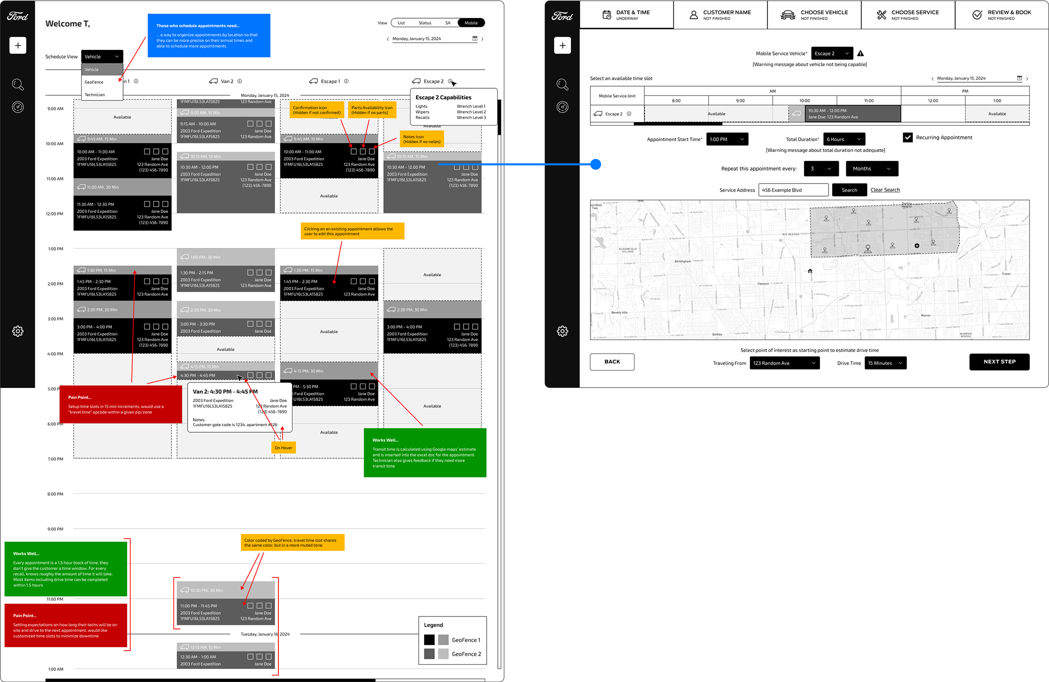Scheduling prototypes shown to dealerships for user testing.